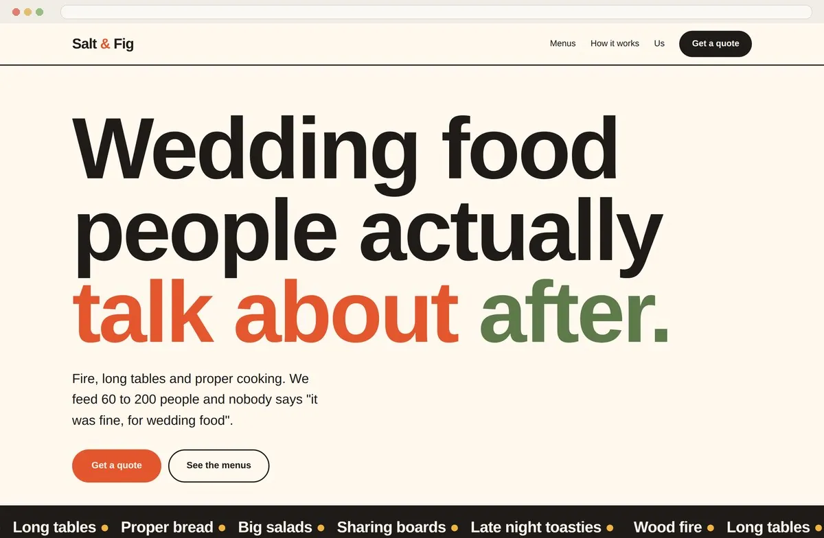 The Salt and Fig caterer website shown in a browser window
